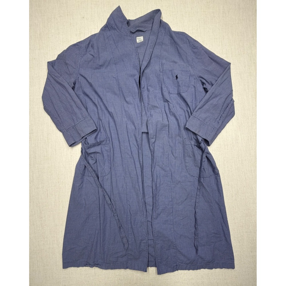 Polo Ralph Lauren Men Gingham Cotton Robe L/XL Blue White Shawl Collar Pony Logo